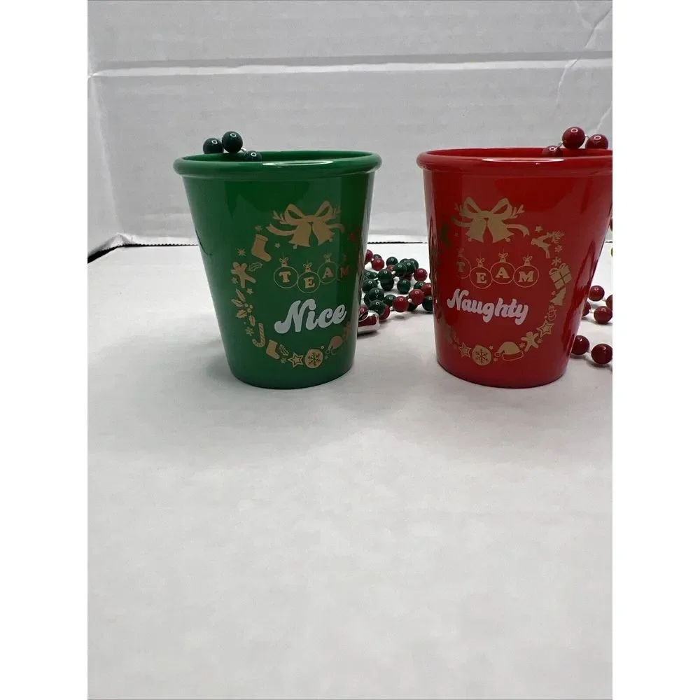 2 Pieces Christmas Shot Glass‎ Necklace Plastic Green Red Team Naughty Nice